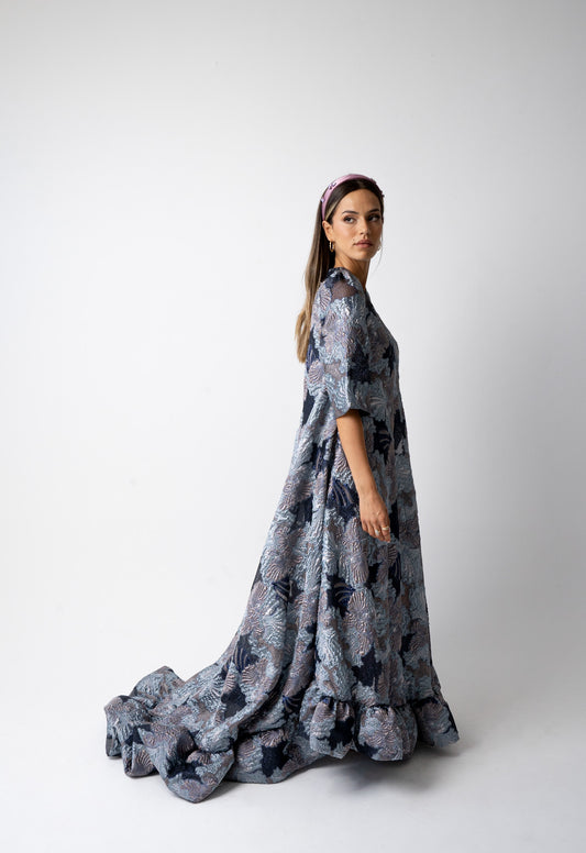 BLUE GOWN FLORAL BROCADE