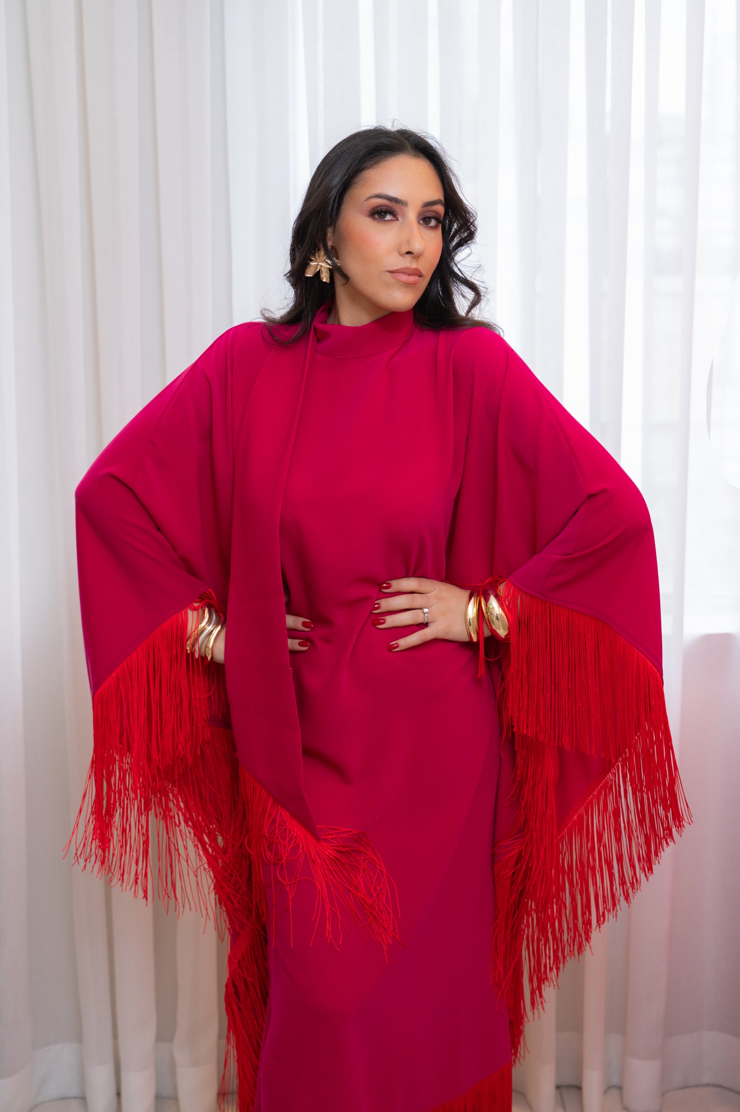 Two tone fringe cape dress