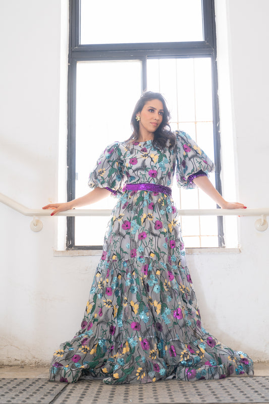 Multi colored floral dress with puffed sleeves