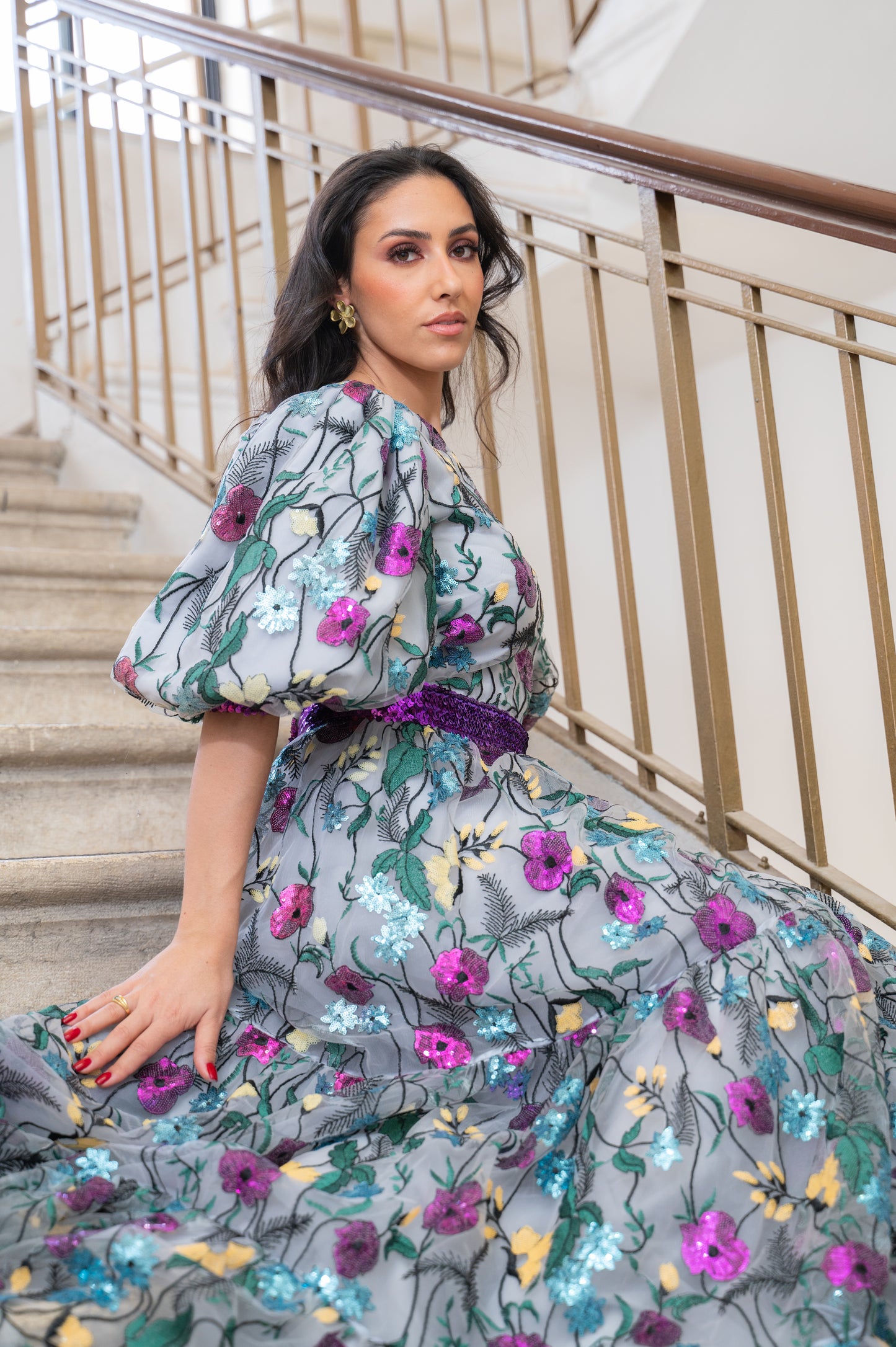 Multi colored floral dress with puffed sleeves